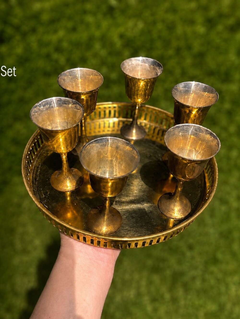 Vintage Brass Cordial Set with Serving Tray | 7-Piece Barware Collection